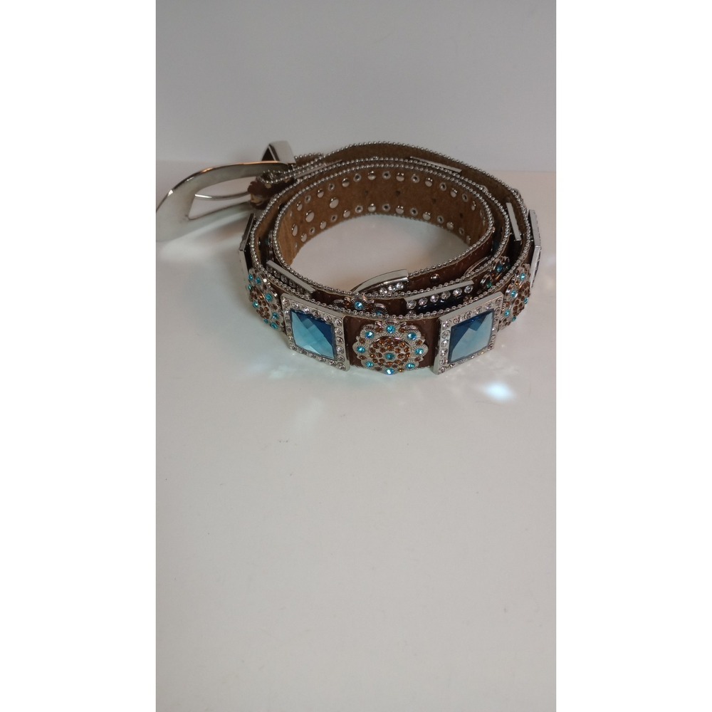 WB Atlas Brown Leather Blue Crystal Jeweled Western Belt Silver Buckle XL 48 - Picture 2 of 16